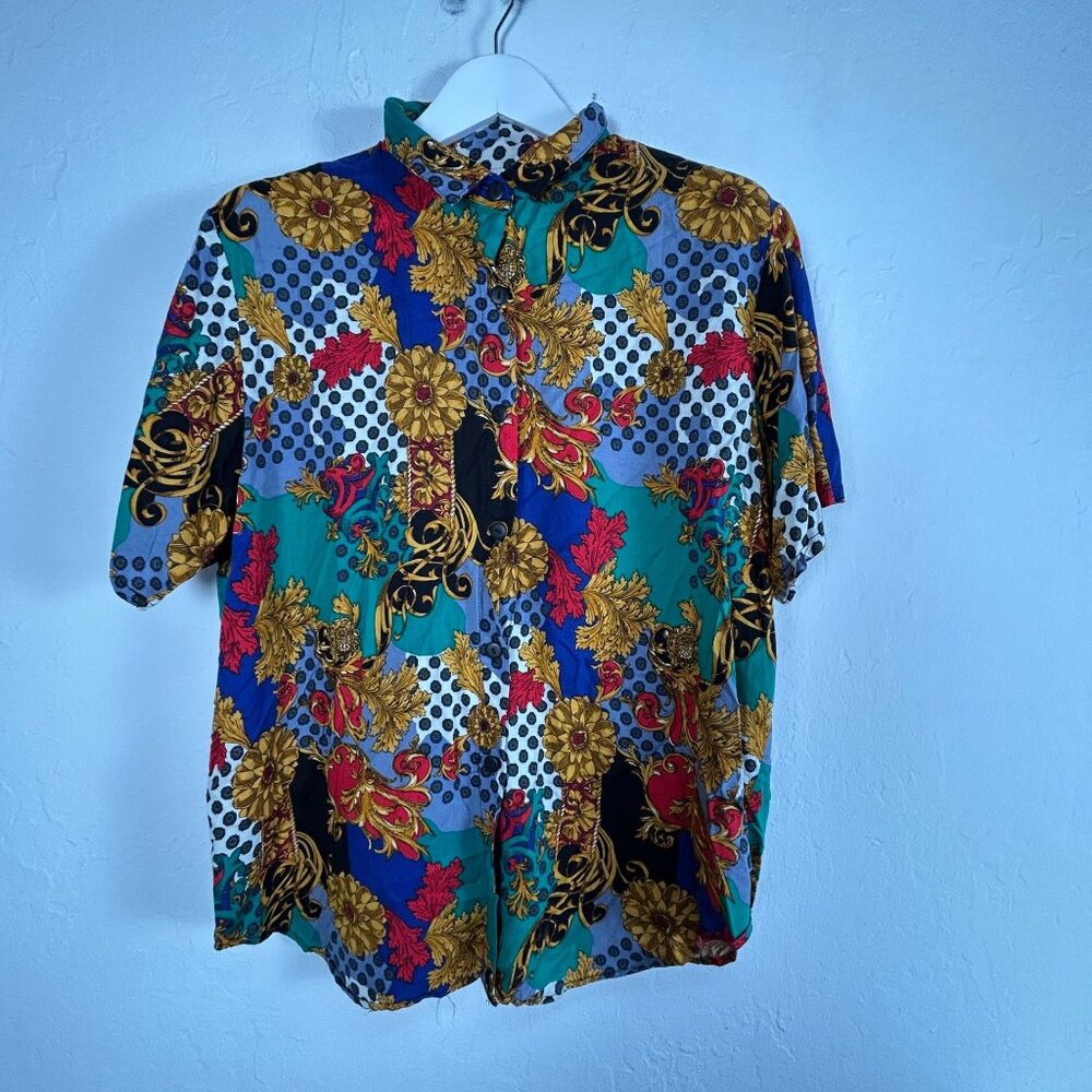 Vintage Fritzi Womens Button-Up Short Sleeve Shirt Size 2X Colorful Mixed Print